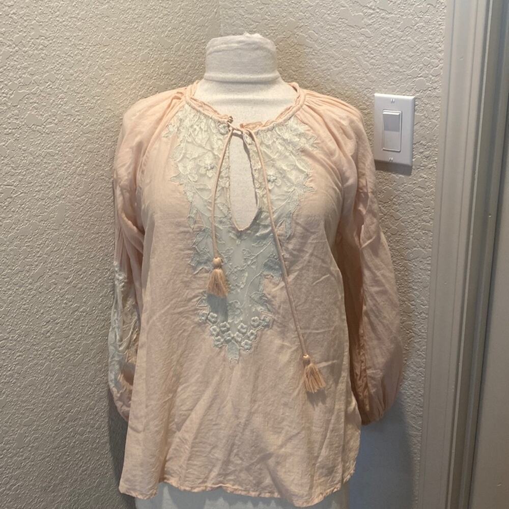 Free People Women’s Lightweight Tunic Top Split V-neck w/ Tie Front Tassel Sz XS